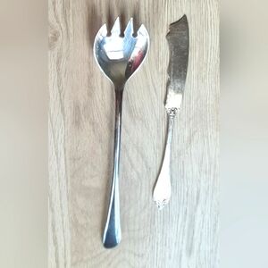 Vintage Silverplate Serving Salad Fork&Antique 1911 Silver Rose Butter Knife